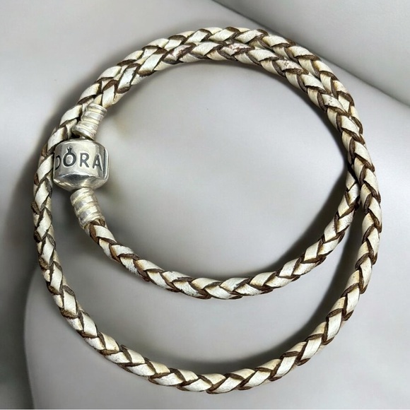 Retired Pandora Moments Double Champagne Braided Leather Bracelet - Picture 1 of 13